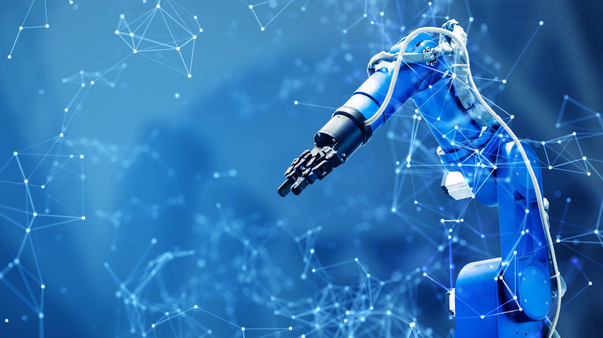 Robot arm and communication network concept. Industrial technology. INDUSTRY4